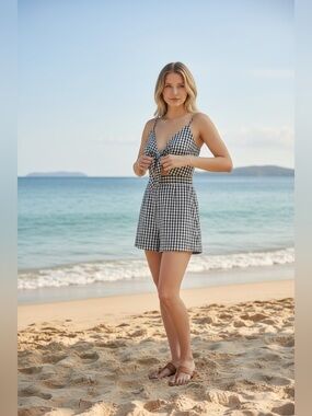 Honey punch black white gingham plaid tie front romper NWT